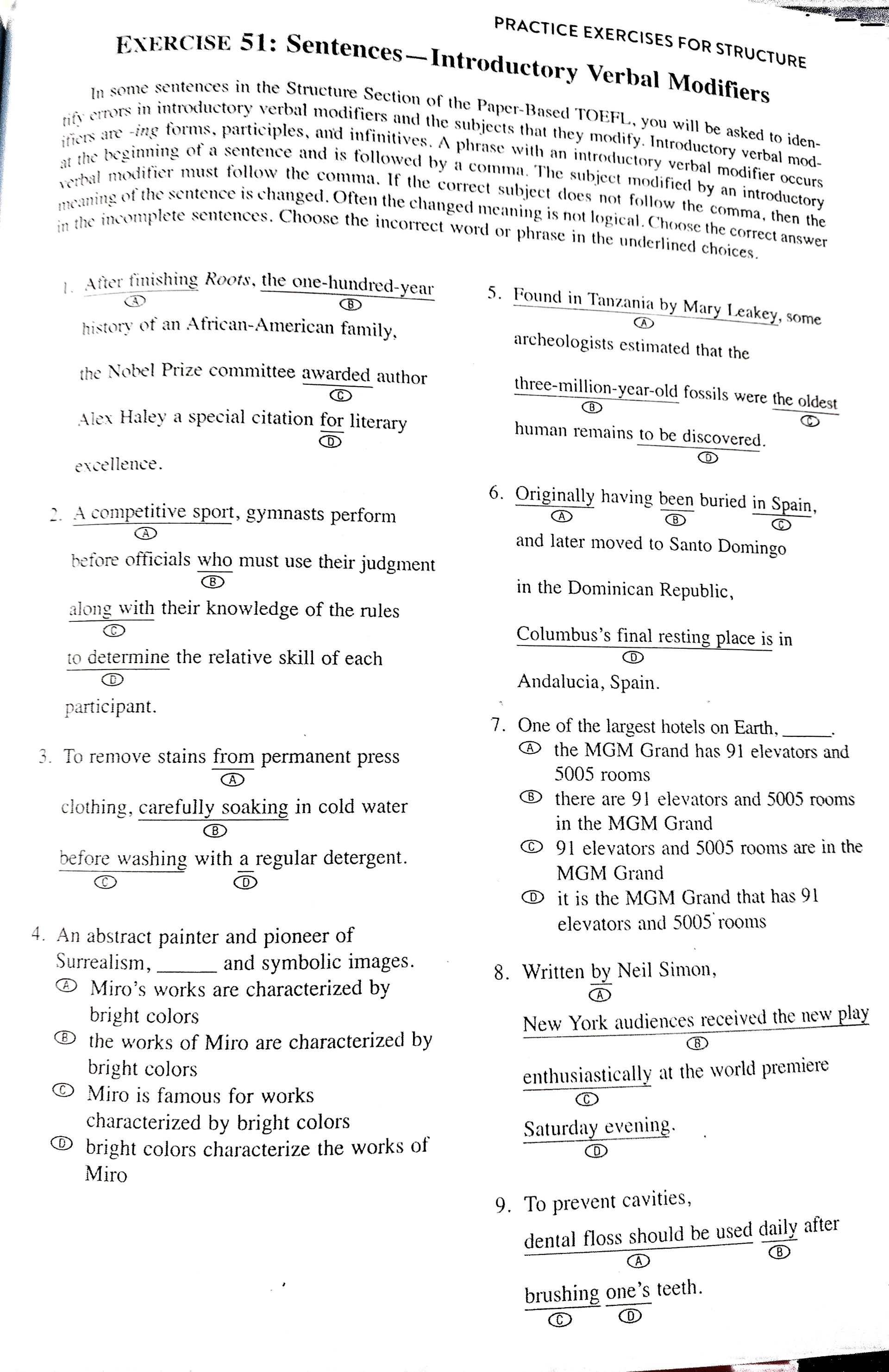 Introdutory Modifiers EXERCISE 51: Sentences-Introductory Verbal | StudyX