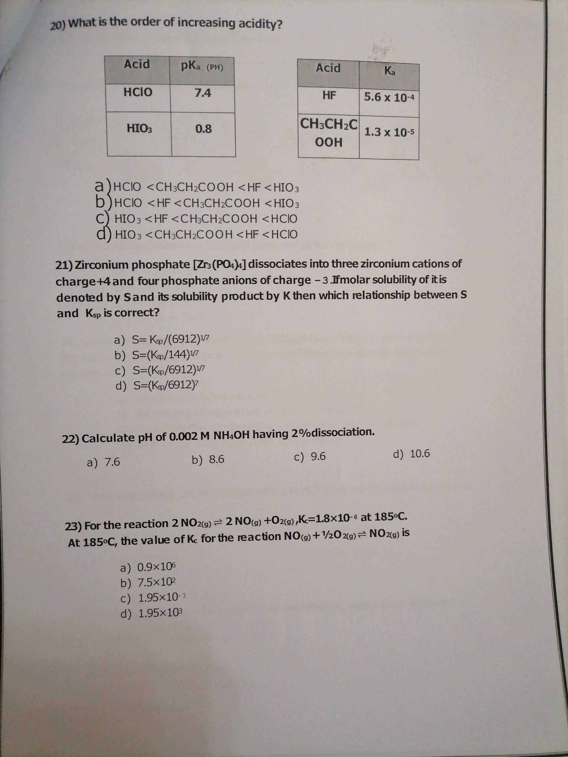 20) What is the order of increasing acidity | StudyX