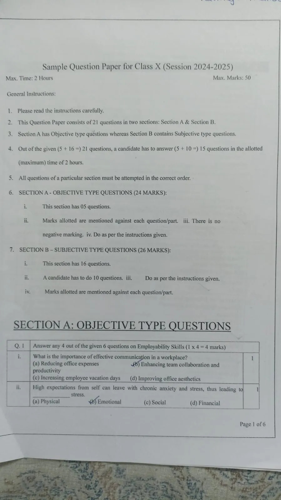Sample Question Paper for Class X (Session