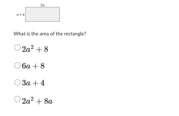 a +4 2 What is the area of the rectangle 2a