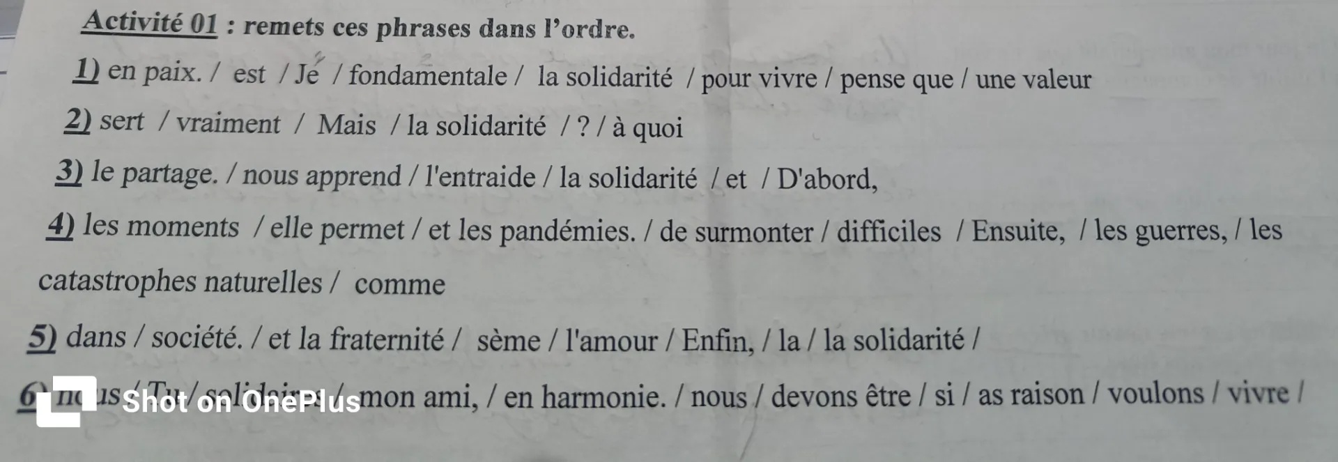 Activit 01 remets ces phrases dans lordre | StudyX