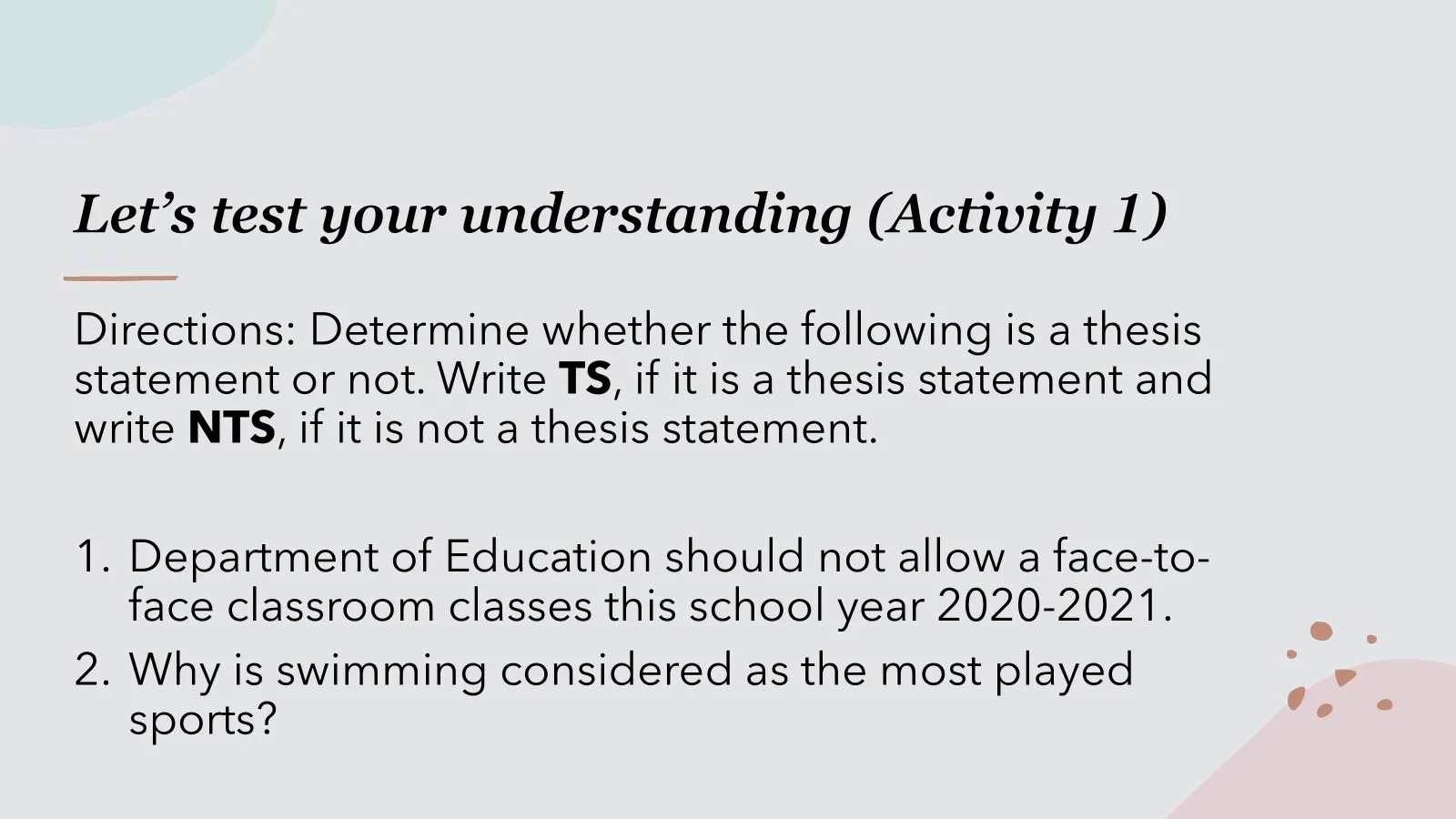 Lets test your understanding (Activity 1) | StudyX