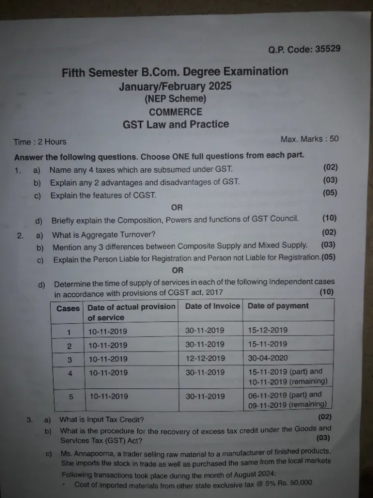 Fifth Semester BCom Degree Examination
