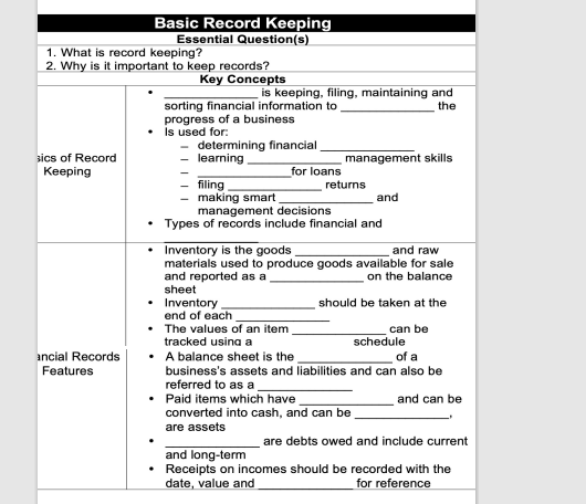 Basic Record Keeping Essential Question(s) 1 | StudyX