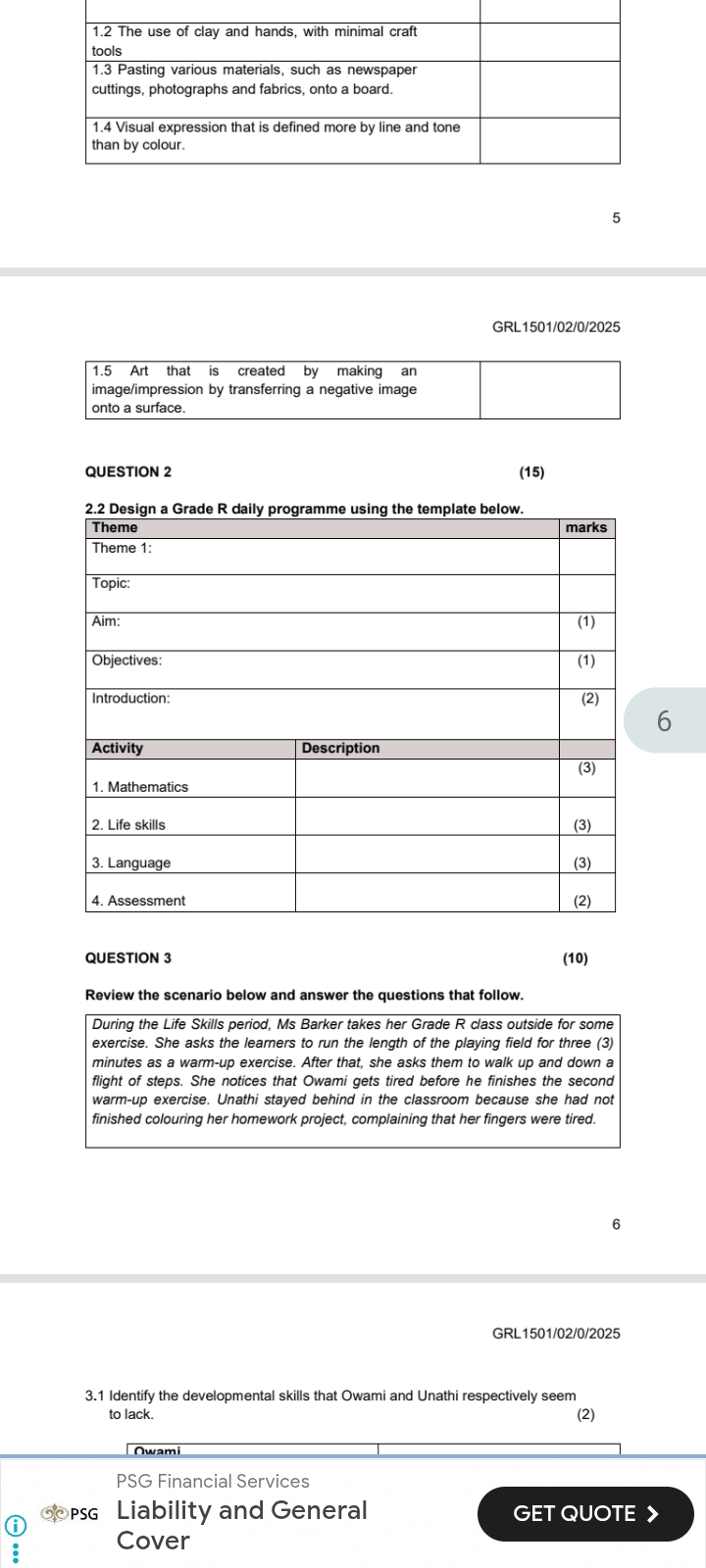 QUESTION 2 2.2 Design a Grade R daily | StudyX