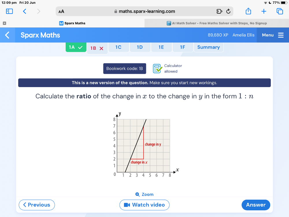 Calculate the ratio of the change in x to