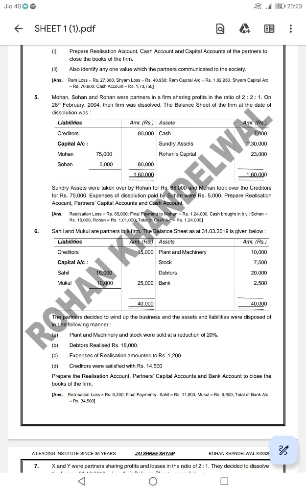 (i) Prepare Realisation Account, Cash | StudyX