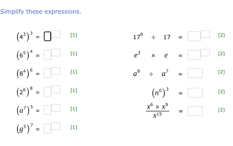Simplif 4 Question Simplify these expressions. $(4^3)^3 = $ | StudyX