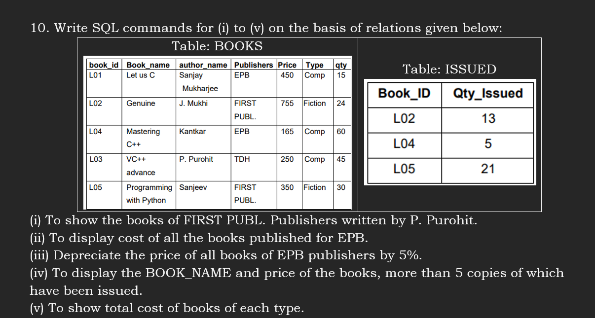 10. Write SQL commands for (i) to (v) on the | StudyX