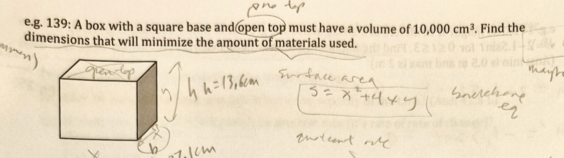 eg 139 A box with a square base and open top must have a volume of ...