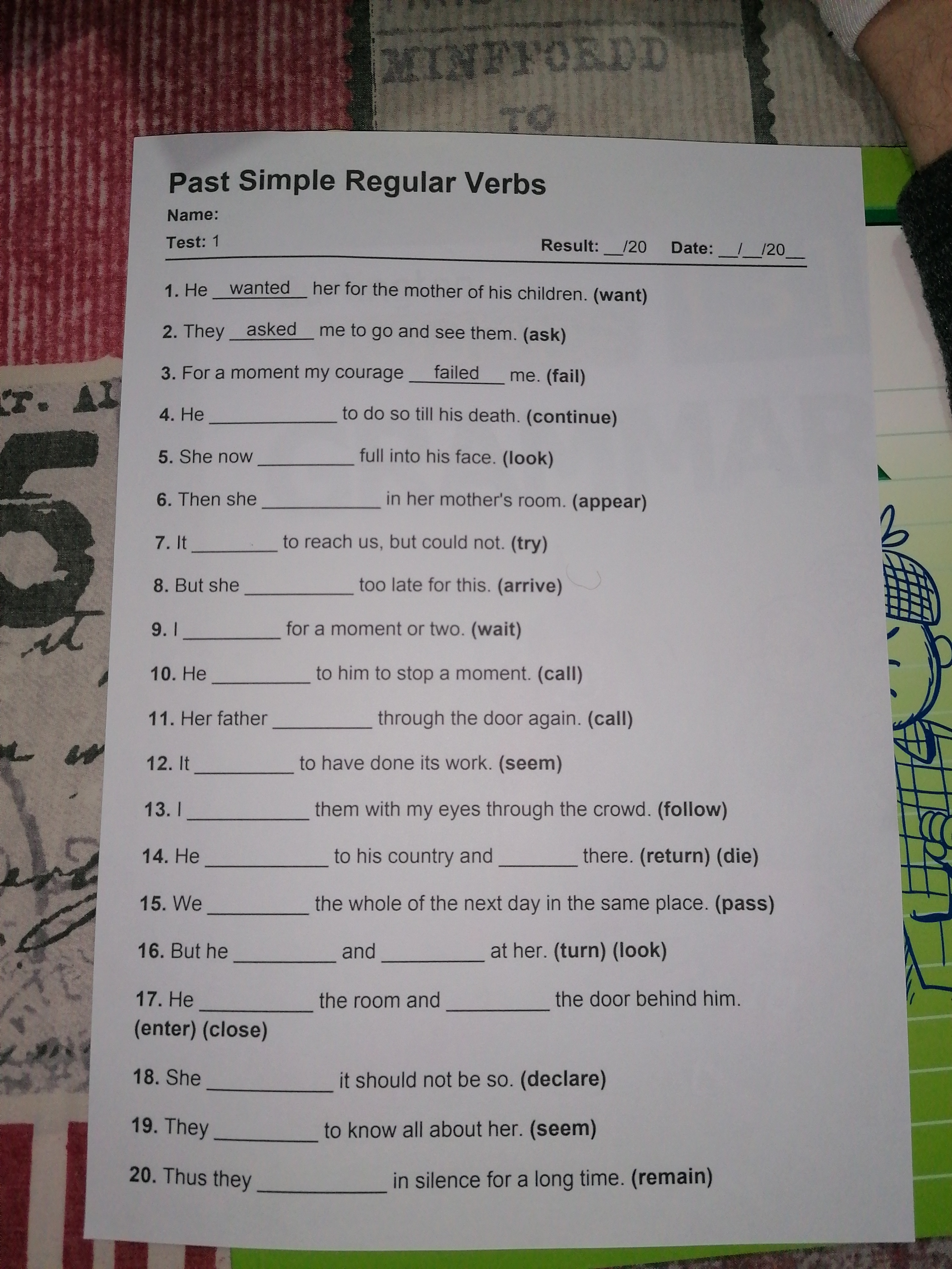Simple Result Past Simple Regular Verbs Name Test 1 Result | StudyX