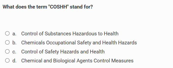 What does the term COSHH stand for a Control | StudyX