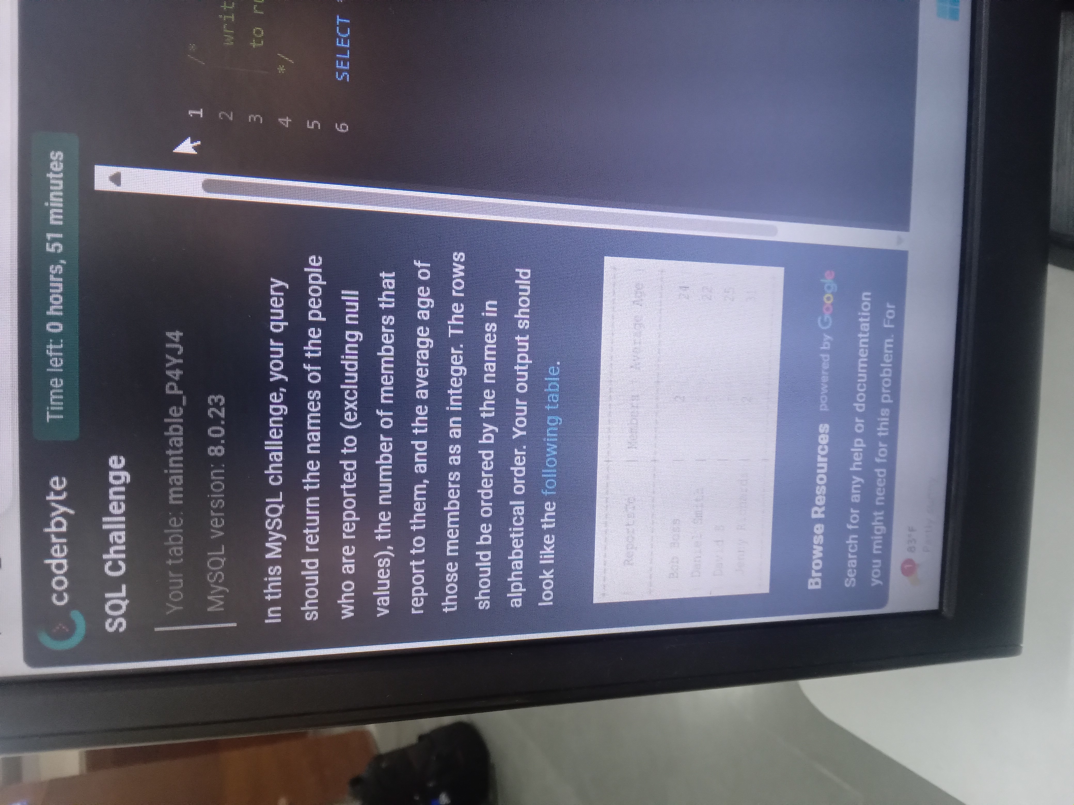 coderbyte Time left 0 hours 51 minutes SQL | StudyX