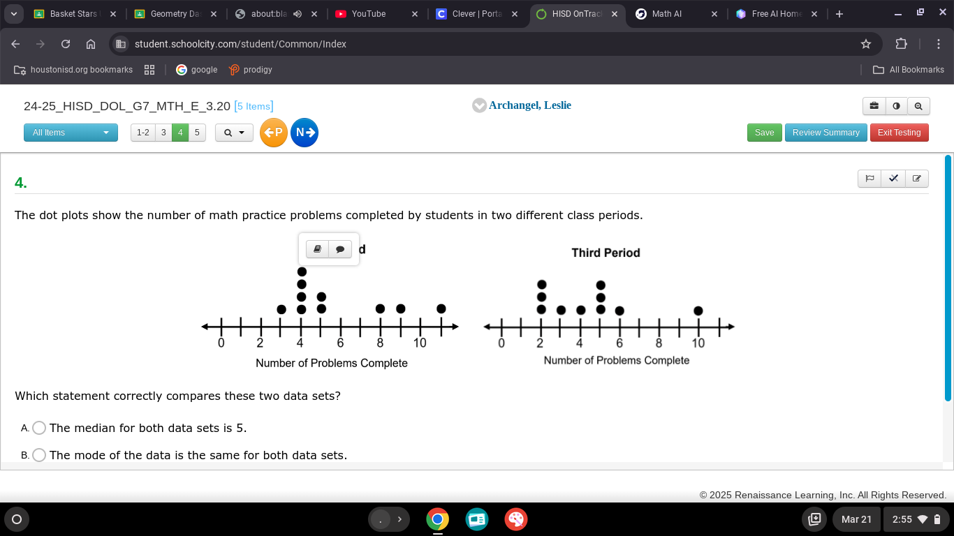 The dot plots show the number of math | StudyX