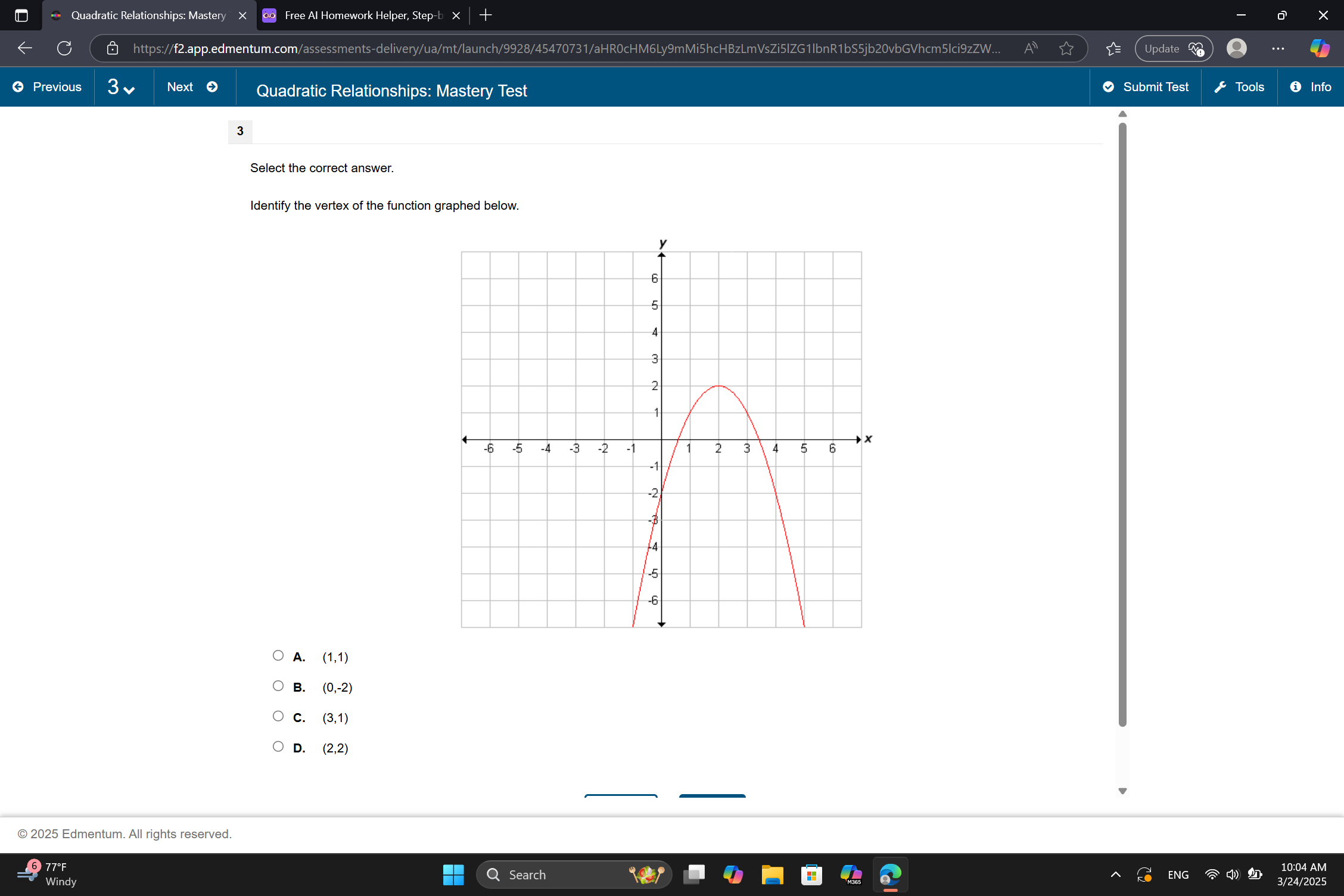 Identify The Vertex Of The Function Graphed Below