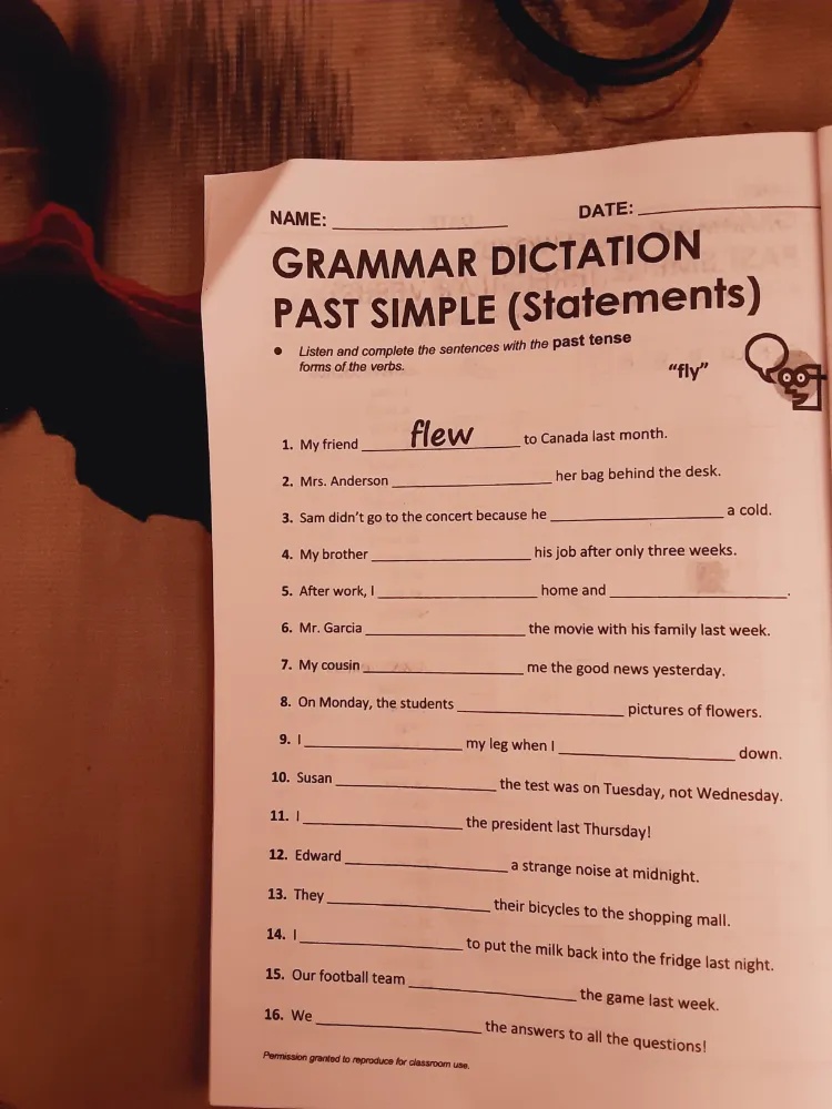 Past Statements Question GRAMMAR DICTATION PAST SIMPLE (Statements) | StudyX