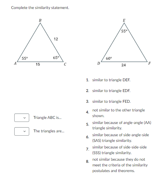 Not Similar Complete the similarity statement. Triangle | StudyX