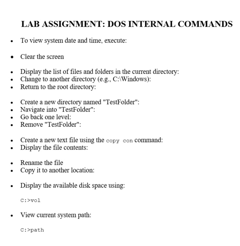 LAB ASSIGNMENT: DOS INTERNAL COMMANDS To