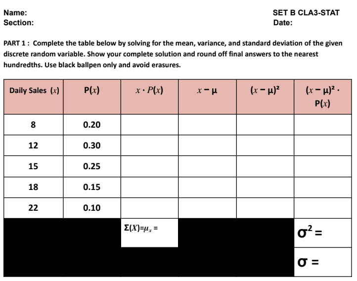 PART 1: Complete the table below by solving | StudyX