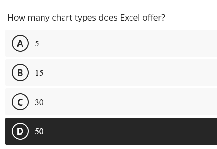 How many chart types does Excel offer? A) 5 | StudyX