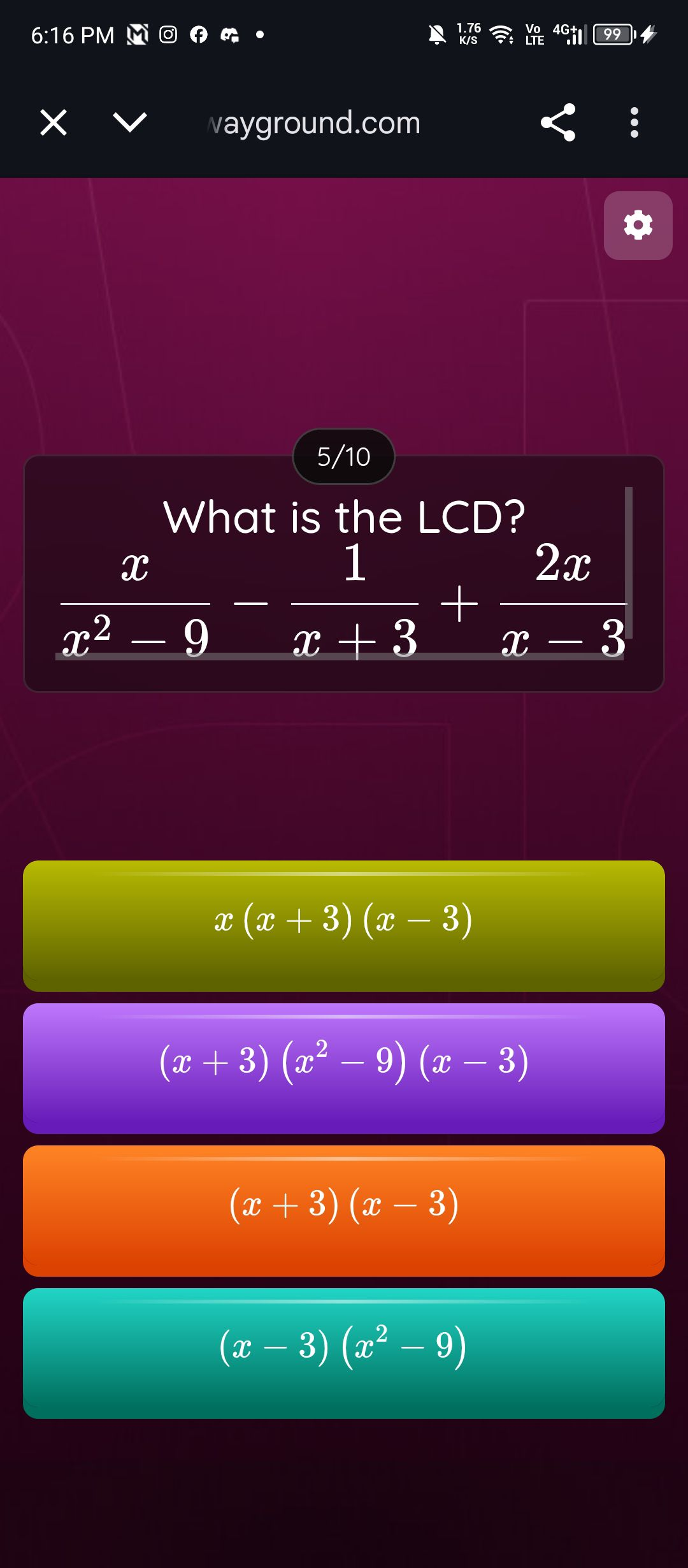 What is the LCD? $ {x}{x^2 - 9} - {1}{x + | StudyX