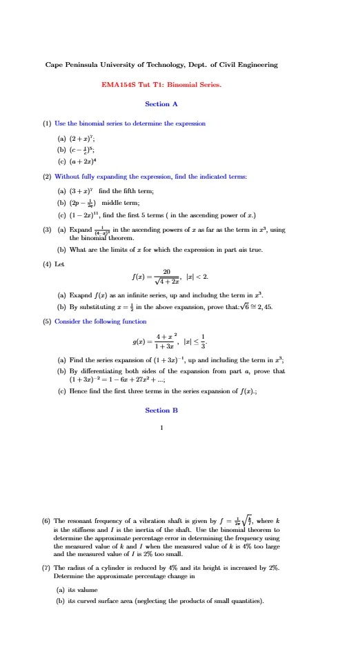 (1) Use the binomial series to determine the | StudyX