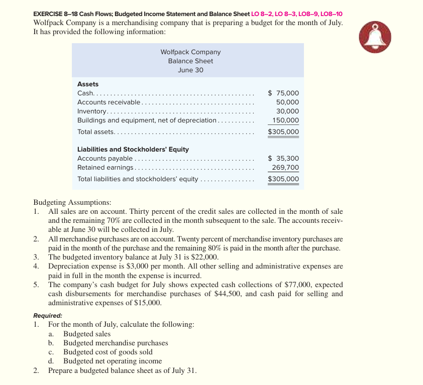 EXERCISE 8-18 Cash Flows; Budgeted Income | StudyX
