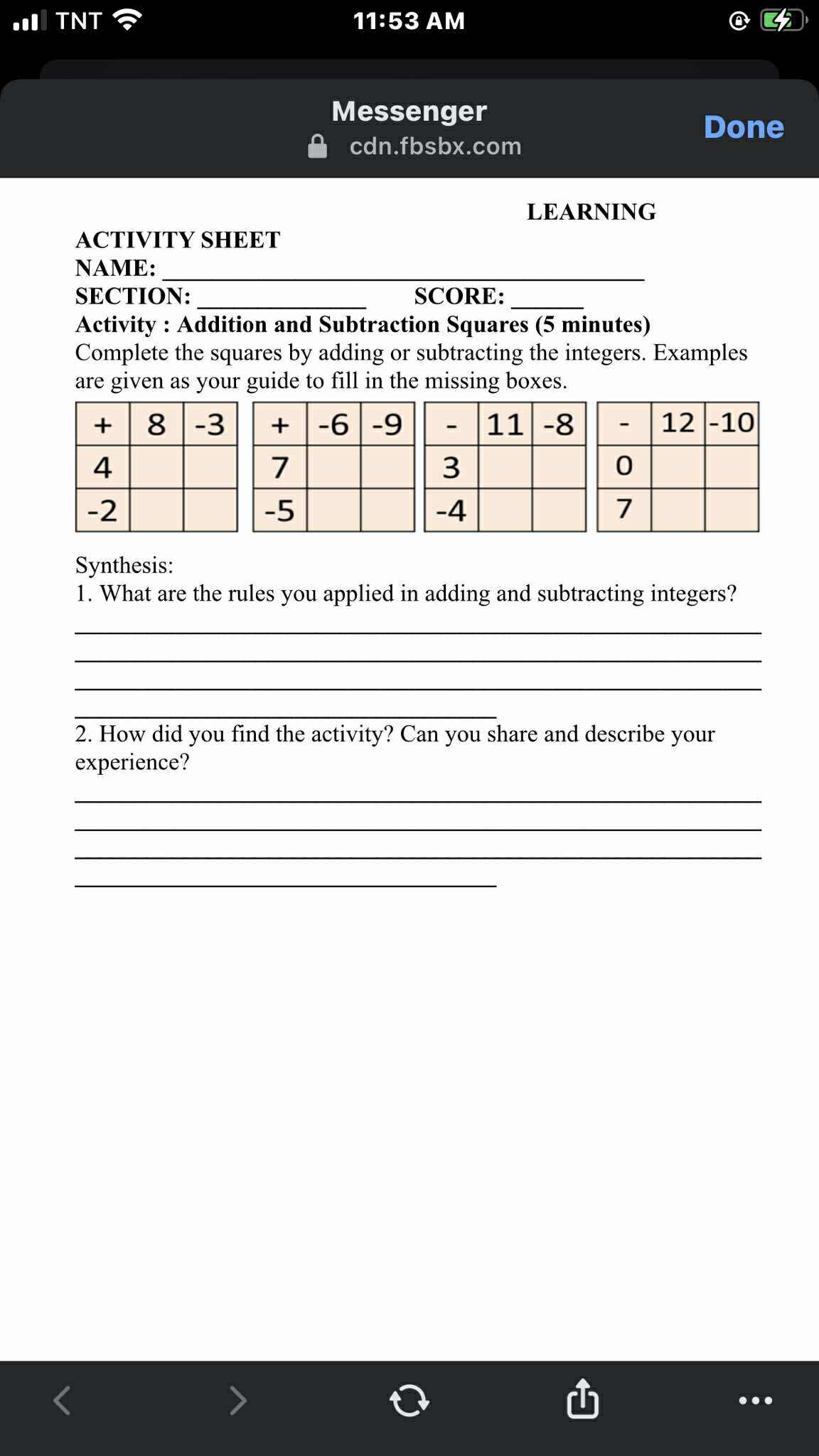 Activity: Addition and Subtraction Squares | StudyX