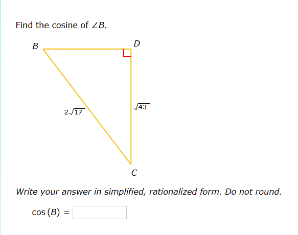 Cos B Math Find the cosine of $ B$. (Diagram shows a | StudyX