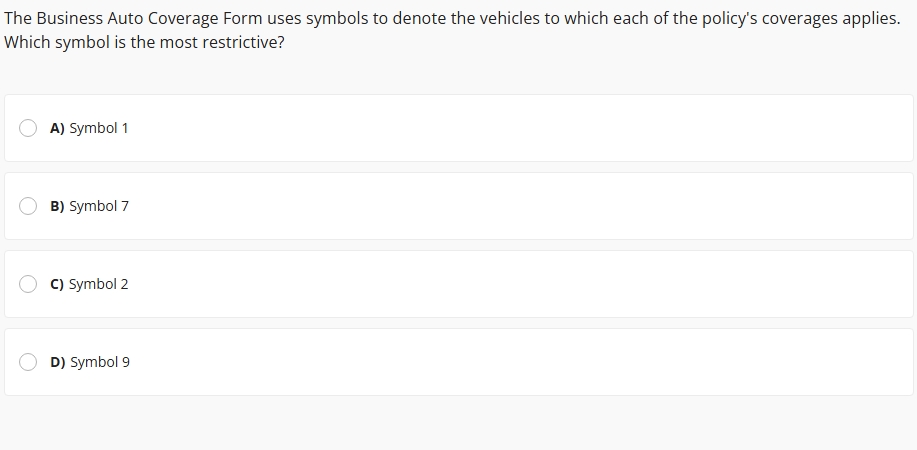 The Business Auto Coverage Form uses symbols