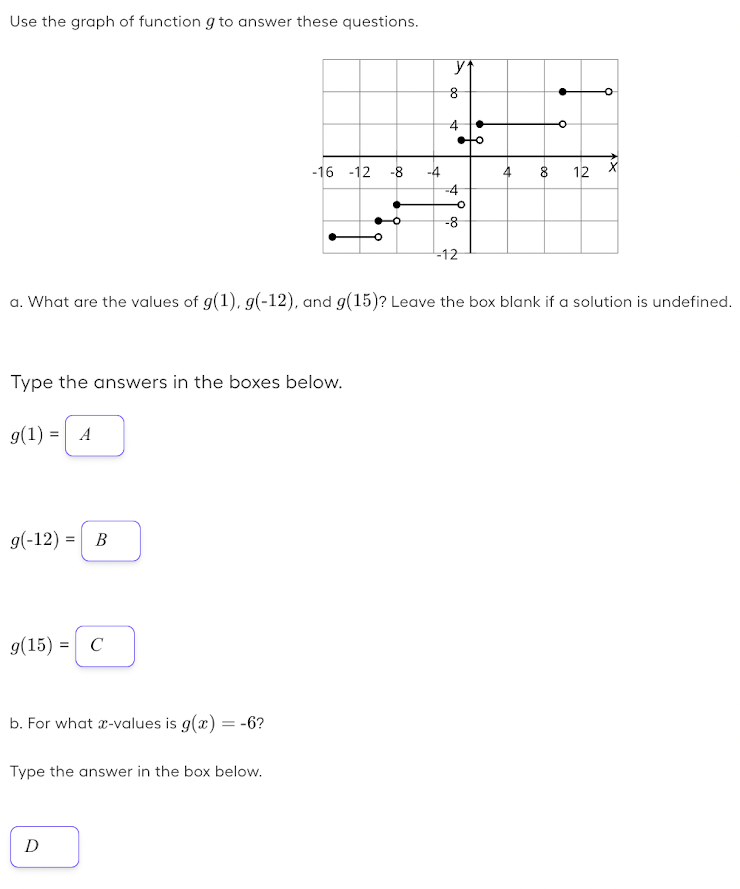 Use the graph of function g to answer these