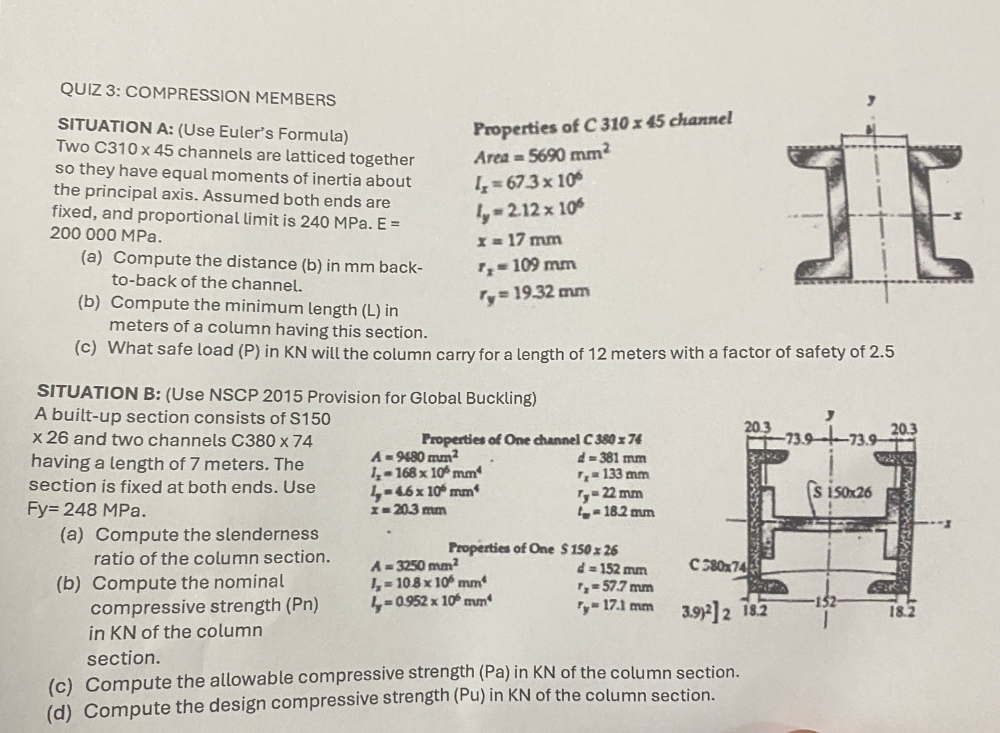 QUIZ 3: COMPRESSION MEMBERS SITUATION A: | StudyX