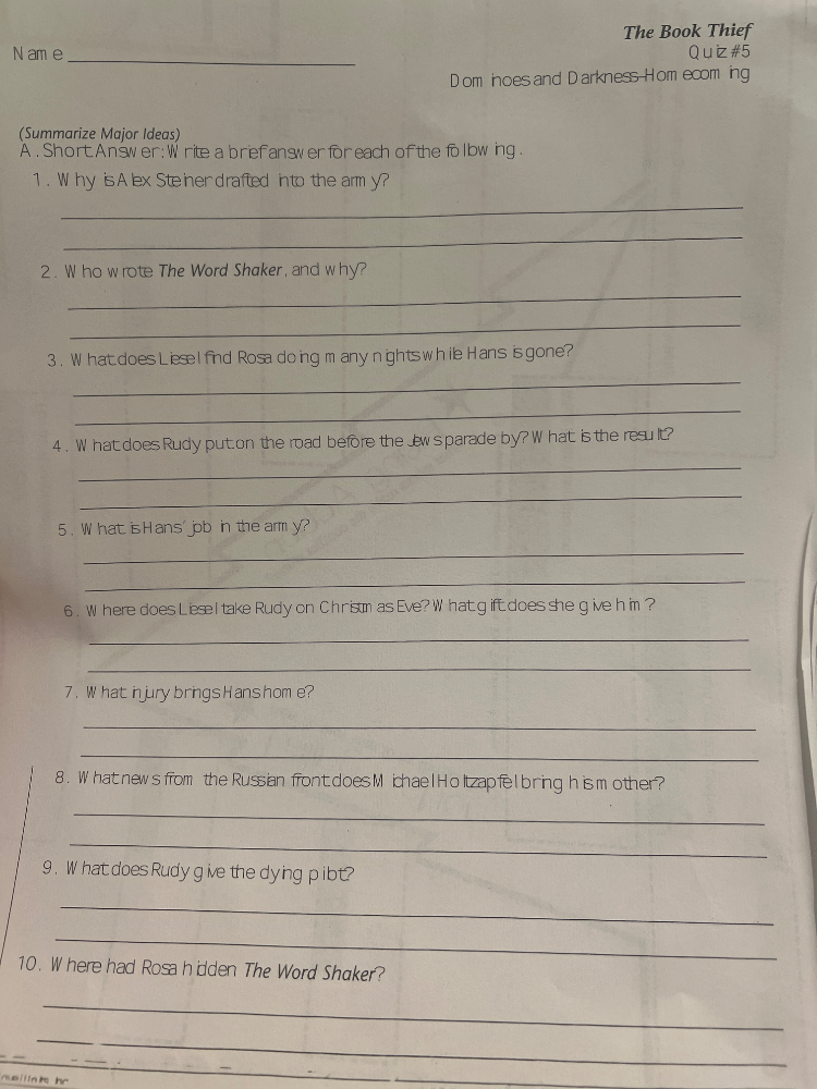 (Summarize Major Ideas) A. Short Answer: