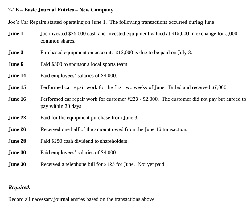 2-1B - Basic Journal Entries – New Company