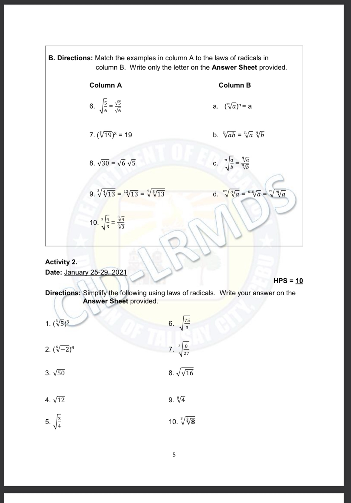 Directions: Match the examples in column A | StudyX
