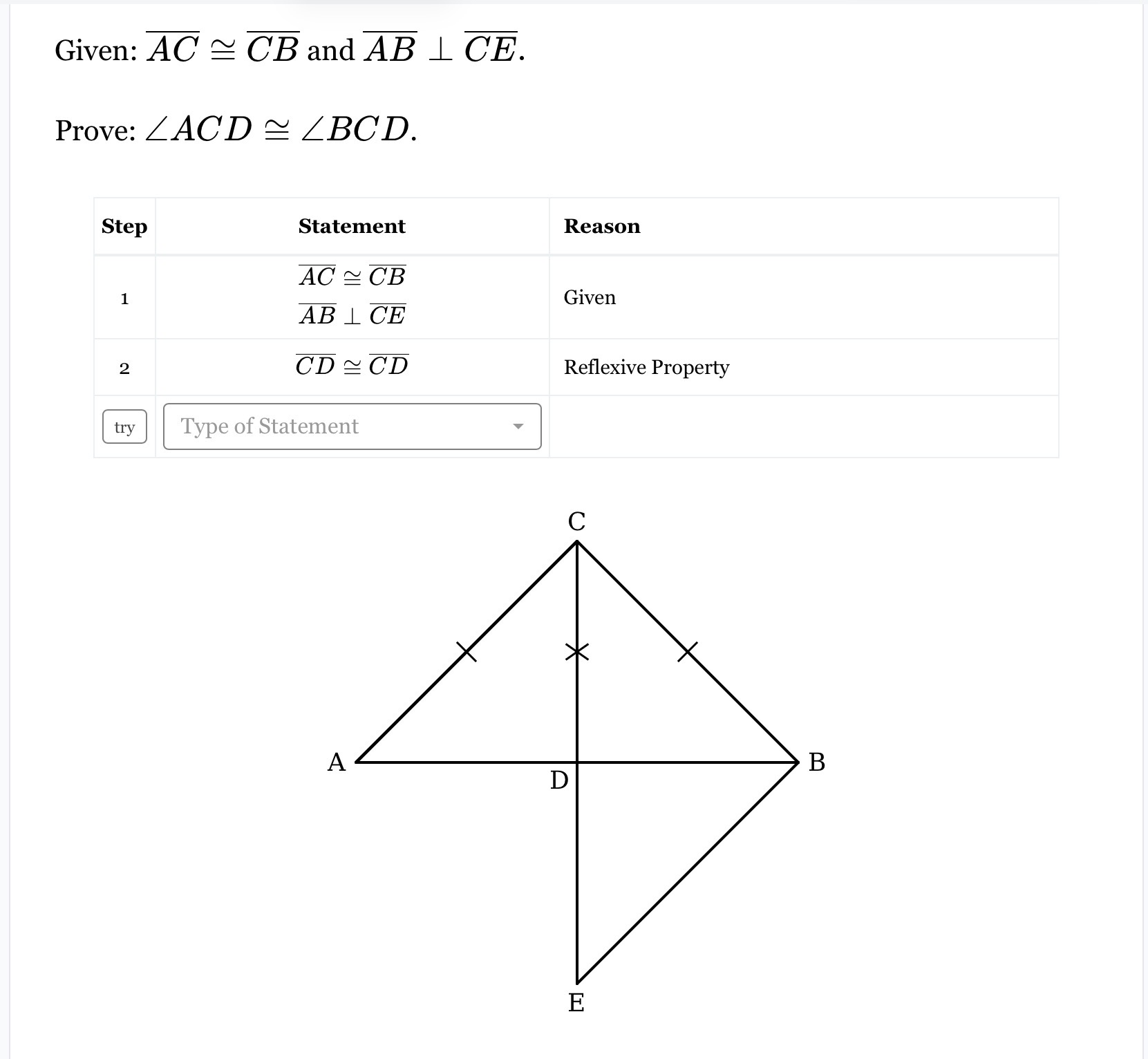 Given: $ {AC} {CB}$ and $ {AB} {CE}$. Prove:
