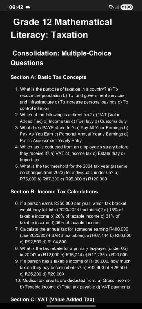 Grade 12 Mathematical Literacy: Taxation | StudyX
