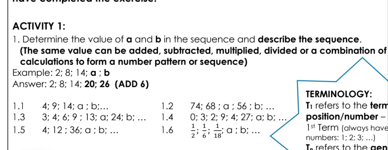 Same Sequence Example ACTIVITY 1: 1. Determine the value of a and | StudyX