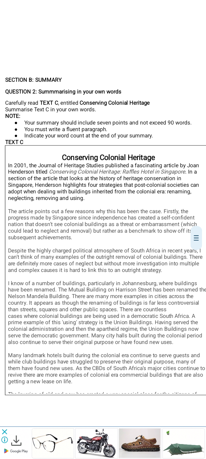 Writing Summarizer QUESTION 2: Summarising in your own words