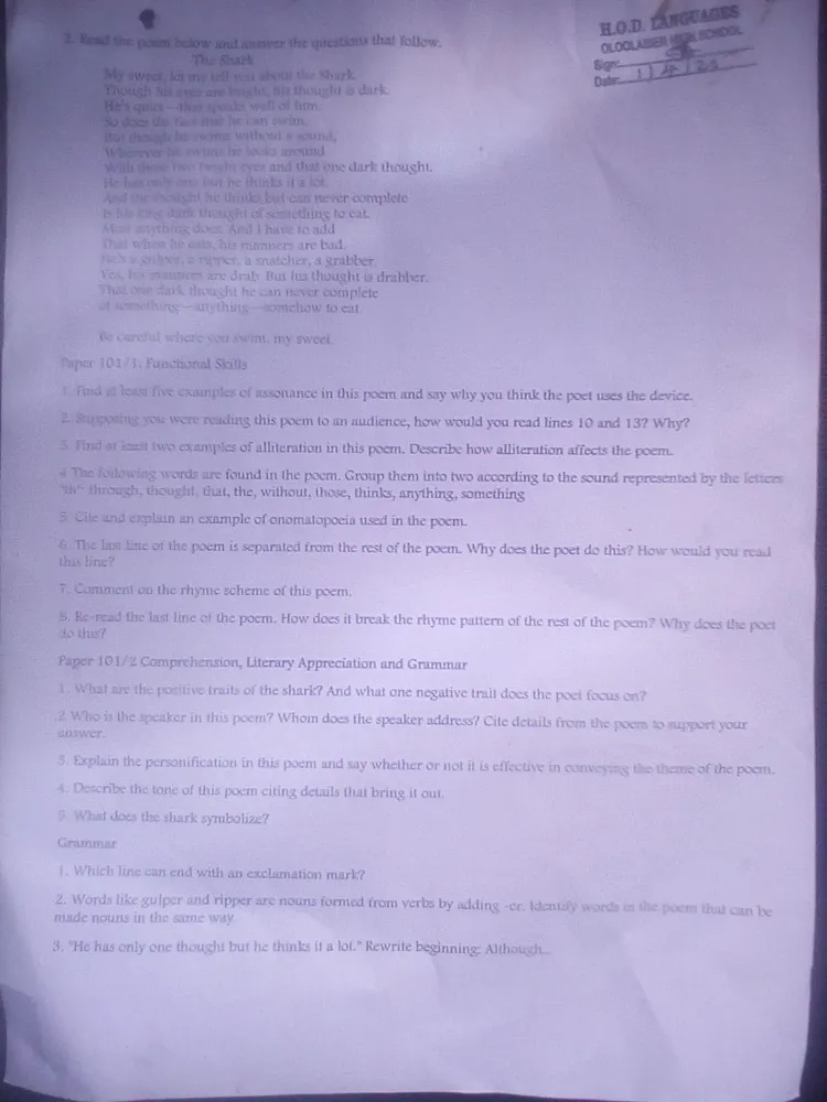 1. Read the poem below and answer the | StudyX