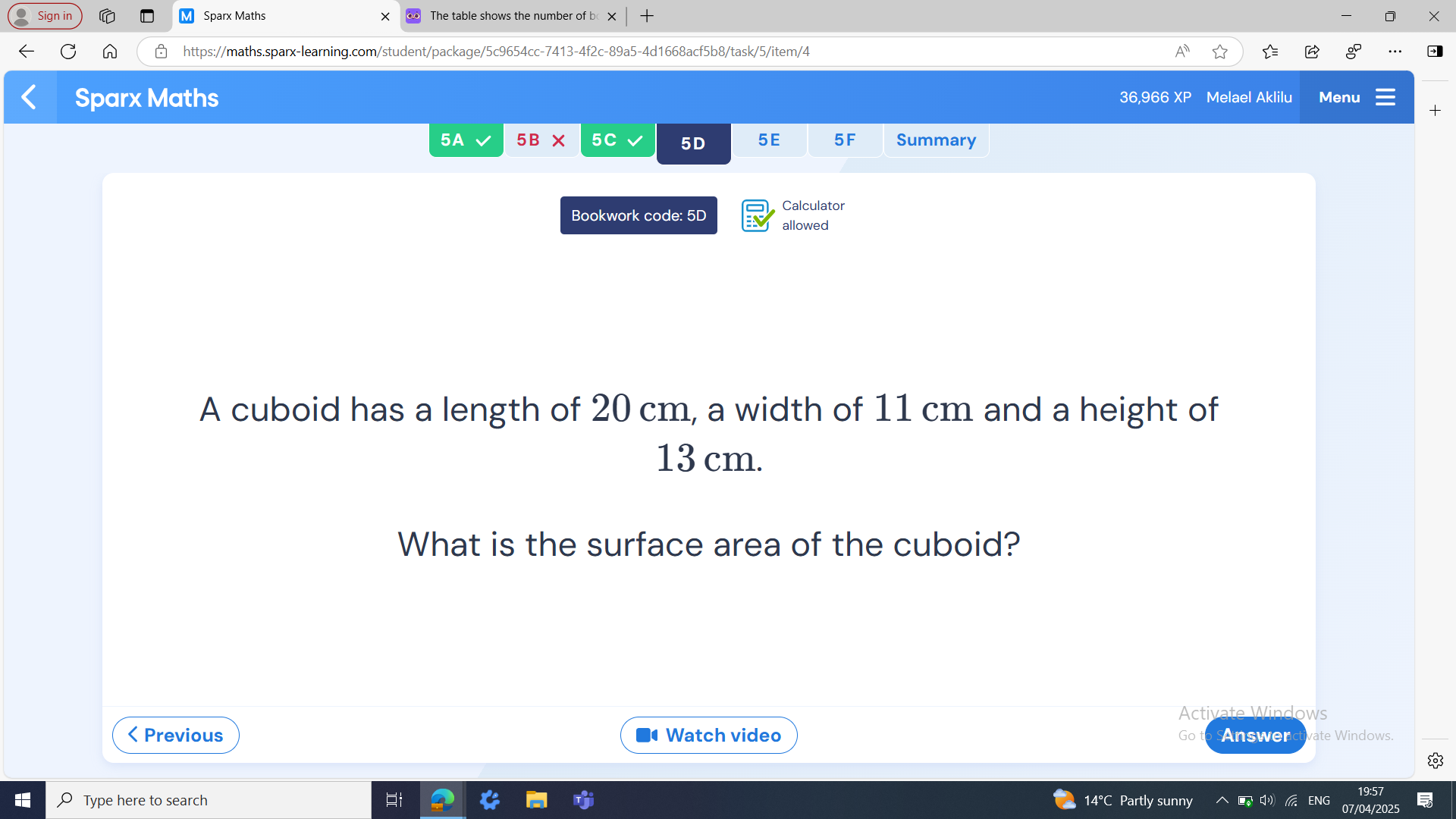 A cuboid has a length of 20 cm, a width of | StudyX