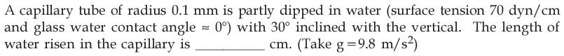 A capillary tube of radius 0.1 mm is partly