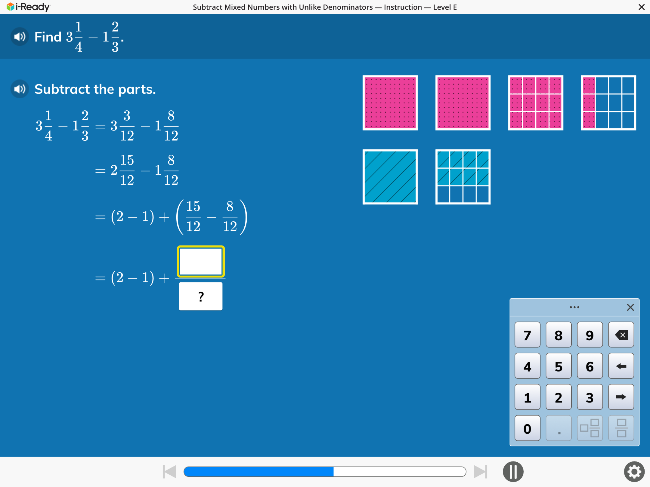 Find $3 {1}{4} - 1 {2}{3}$. Subtract the