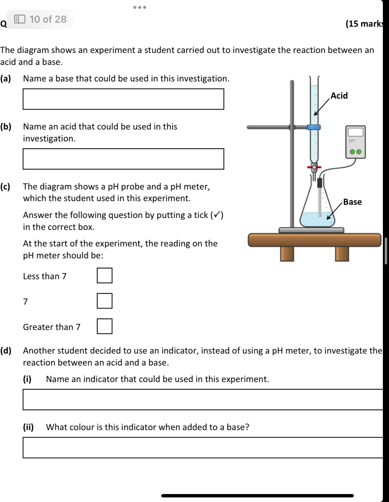 The diagram shows an experiment a student