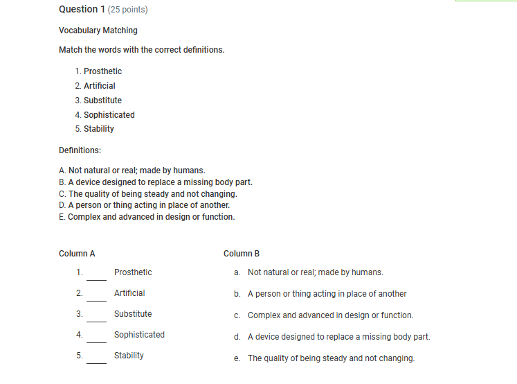 Definition Matching Questions Question 1 (25 points) Vocabulary Matching | StudyX