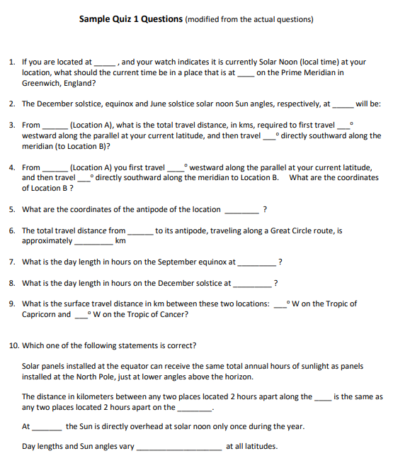 Sample Quiz 1 Questions (modified from the