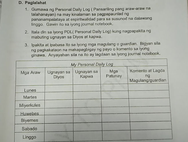 Diary Tagalog Example Assignment D Paglalahat 1 Gumawa ng Personal Daily Log | StudyX
