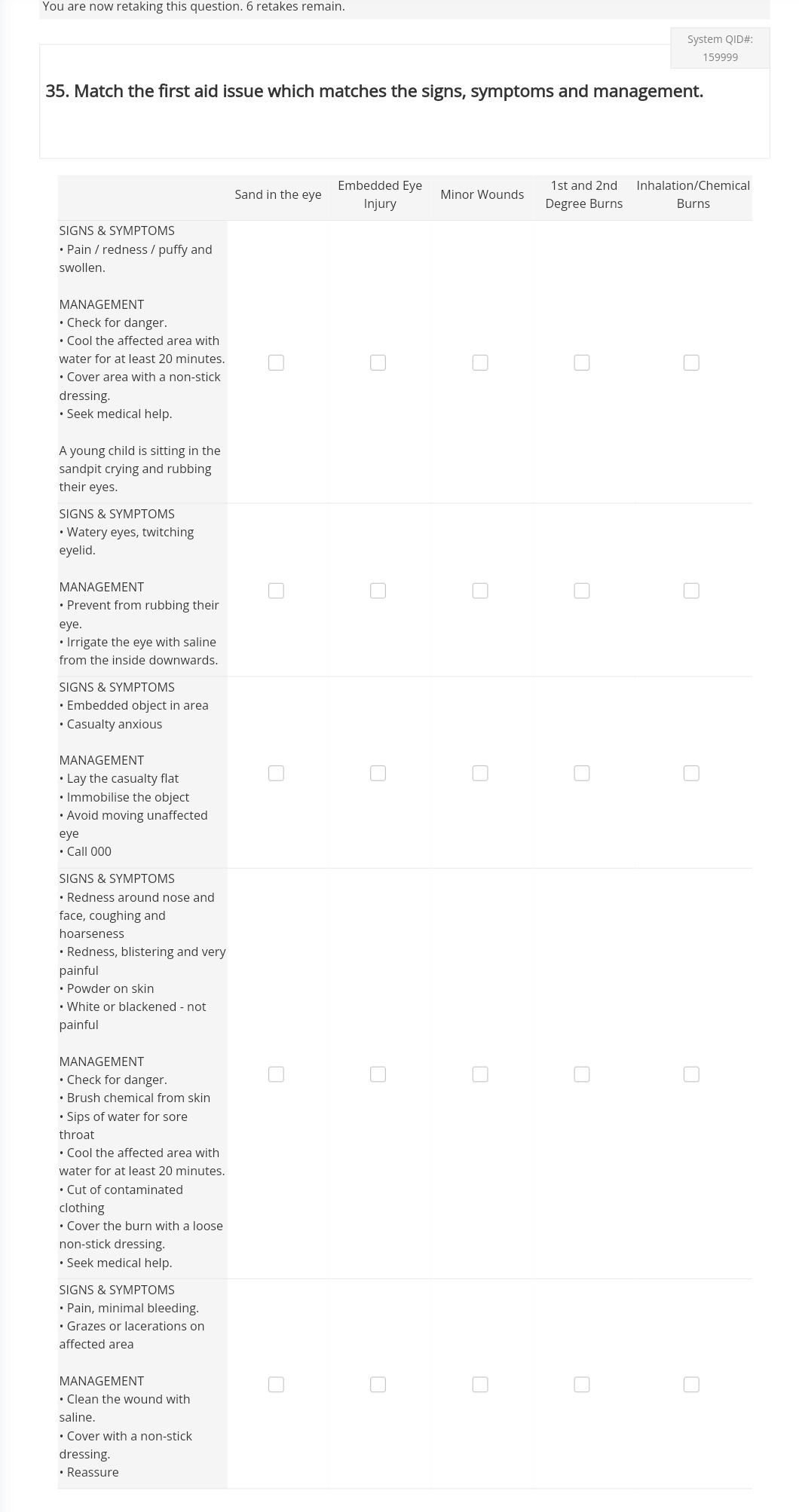 35 Match the first aid issue which matches