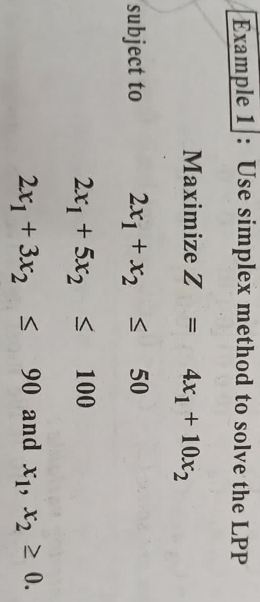 Example 1 Use simplex method to solve the