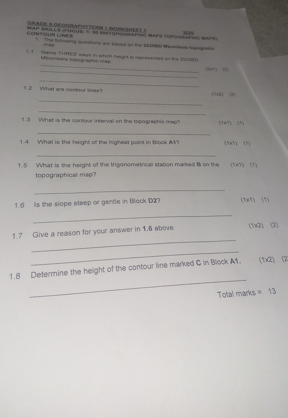 GRADE 9 GEOGRAPHYTERM 1 WORKSHEET 3 2025 MAP